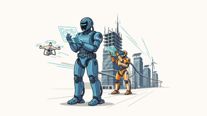 Naklejka premium Robot controlling drone near cityscape city futuristic technology robotics artificial intelligence