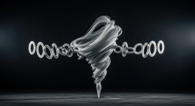 Dynamic fluid vortex sculpture with swirling energy and encircling rings