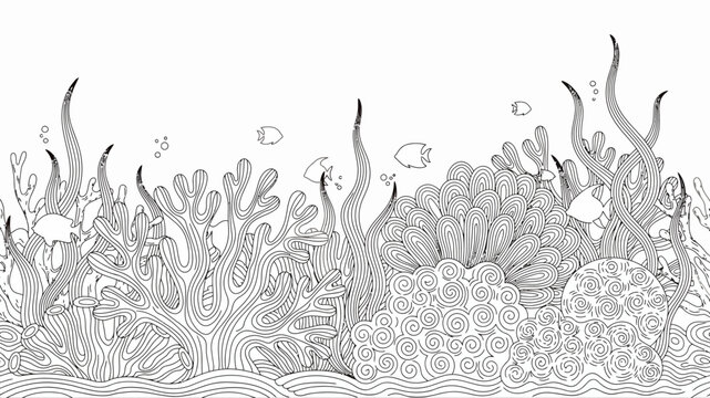 Coral reef illustration on white background underwater grayscale seaweed ocean
