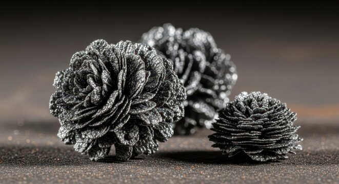 Intricate metallic oxide flakes forming clustered structures, detailed scientific micrograph showing crystalline material.