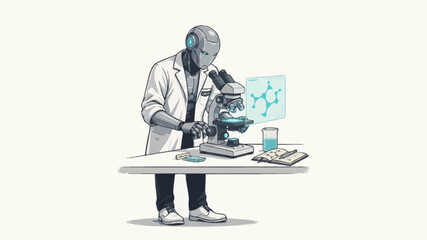 Obraz premium Robot scientist looking through microscope on table laboratory lab coat research