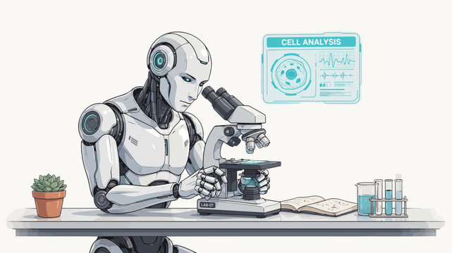 Robot scientist examining cell under microscope on white background laboratory