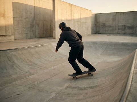 Skateboarder riding in a concrete skatepark during golden hour.
