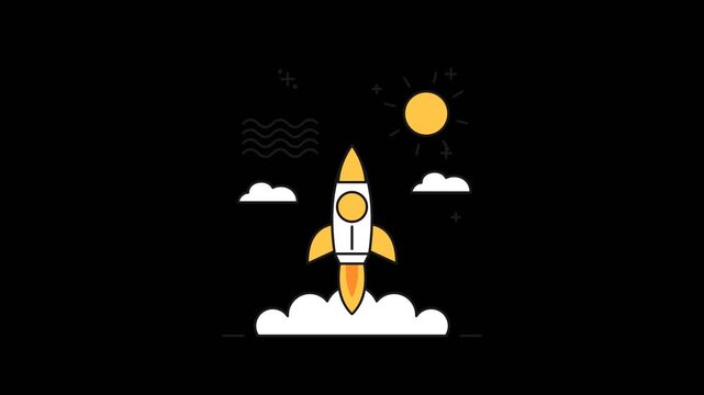 Minimalist yellow rocket launching into space with clouds and sun