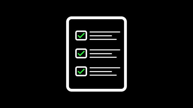 Minimalist white line animation of a checklist document with points, representing business tasks.4k animation.