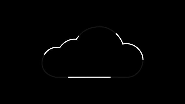 Clean white line art animation of a cloud, representing data storage, network hosting .on dark background.