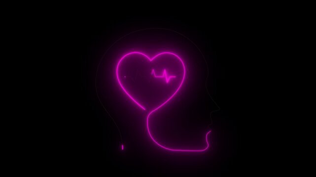 Neon purple profile of a human head with a glowing heart beat , symbolizing mental health, emotional intelligence on dark background,