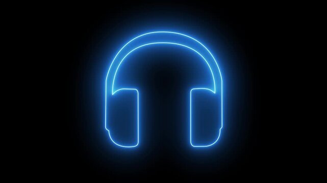 Electric neon blue headphones animation, representing music player, pod casting, customer support hotline on dark background 4k animation.