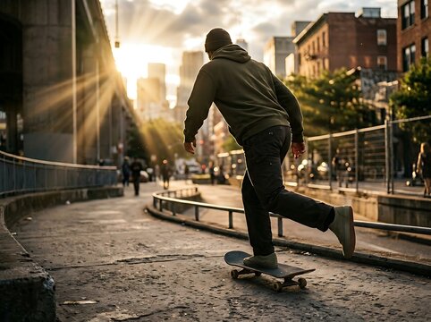 Skateboarder enjoys a sunset ride through an urban park with sun flares.