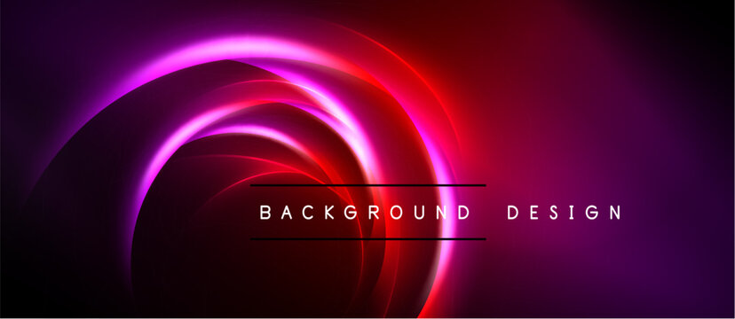 Abstract neon swirls, vibrant reds, purples dominate dark background. Text reads background design. Modern, dynamic visual effect.
