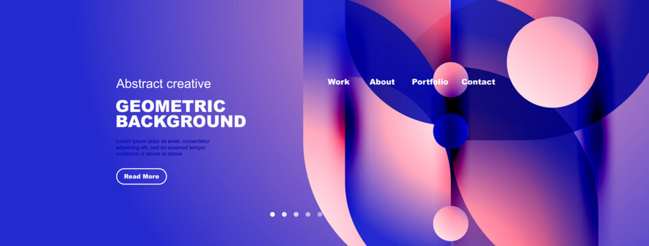 Abstract geometric background features vibrant blue, pink gradients. Website header includes navigation, text, button. Modern design elements present.