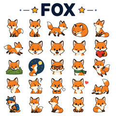 Fototapeta premium Fox Icon Set, Wild Animal Fox Vector Illustration Collection