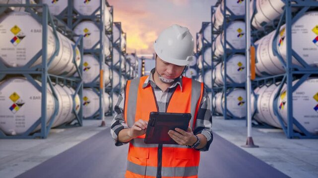 Asian Male Engineer With Safety Helmet Working On A Tablet While Standing at Industrial Chemical Tank Container Storage Facility