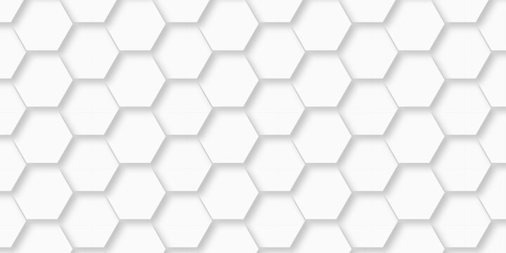 White hexagon bee cube element grid tiles emboss seamless pattern white paper texture futuristic business. vector honeycomb web banner texture background.