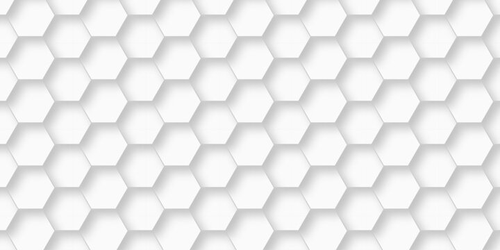 White hexagon bee cube element grid tiles emboss seamless pattern white paper texture futuristic business. vector honeycomb web banner texture background.