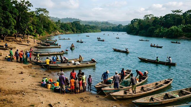 Congolese river transport people and wooden boats on a wide african river with lush tropical forest