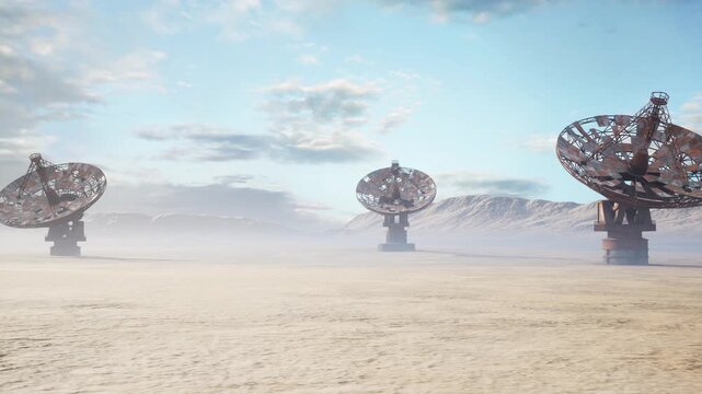 Rusted satellite dishes in arid desert, wide cinematic panorama showing multiple parabolic arrays standing amid drifting dust, soft morning light, distant