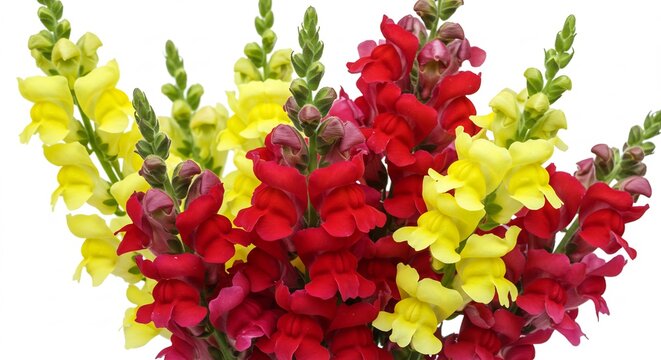 暖かな光が優しく降り注ぐ中鮮やかな赤と黄色の金魚草が口を開けたように咲き誇る清楚な白い背景が花の美しさを引き立てる. AI Generated
