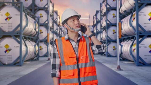 Asian Male Engineer With Safety Helmet Talking On Smartphone While Standing at Industrial Chemical Tank Container Storage Facility