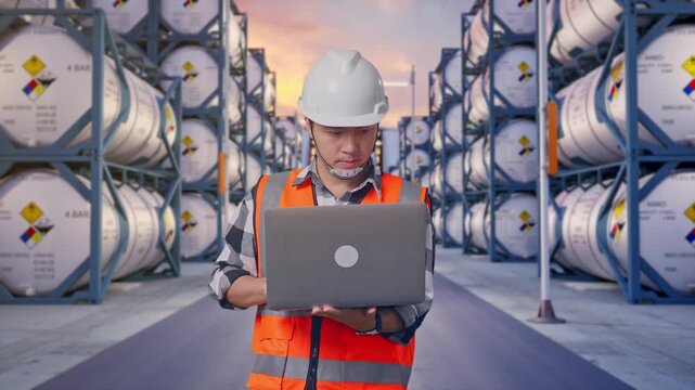 Asian Male Engineer With Safety Helmet Working On A Laptop While Standing at Industrial Chemical Tank Container Storage Facility