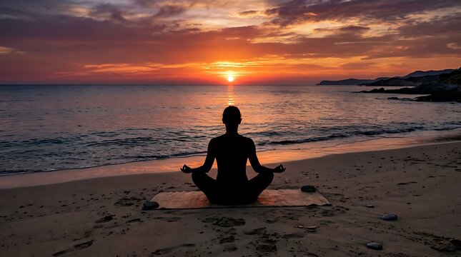 Silhouette of a person meditating on a beach at sunset.