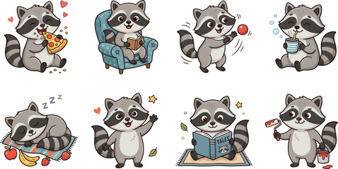 Cute Raccoon Cartoon Character Sticker Set Showing Different Daily Activities Reading Eating Sleeping and Painting Vectors © Shukimon