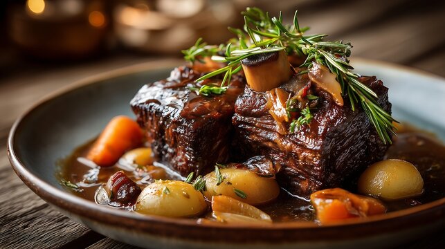 Close up of tender beef ribs in rich bourguignon sauce with soft lighting, showcasing texture, flavor, and classic French cuisine presentation.