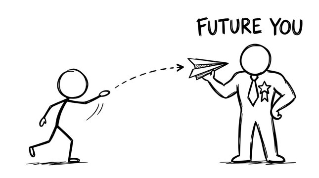 Stick figure throwing a paper plane towards a successful future self version in this simple black and white hand drawn sketch isolated on white background