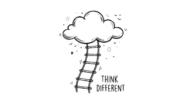 Ladder reaching cloud illustration with think different text showing creative conceptual business growth strategy depicted in simple black and white hand drawn sketch art style