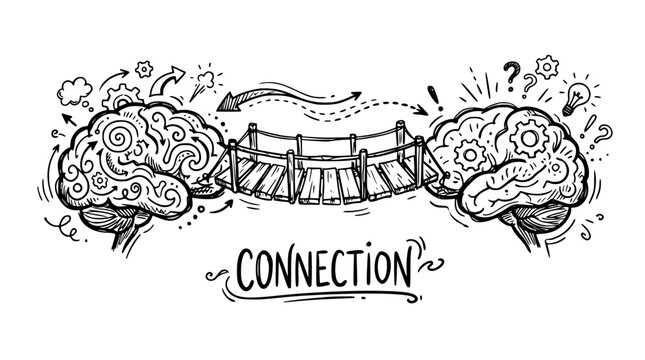 Brain connection concept illustration showing two human brains linked by a wooden bridge with various doodle icons like gears and light bulbs on white background
