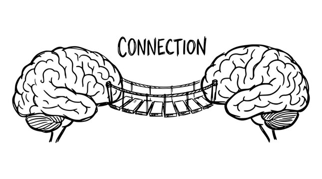 Brain connection concept illustrated with two human brains linked by a rope bridge in a simple black and white hand drawn sketch on white background