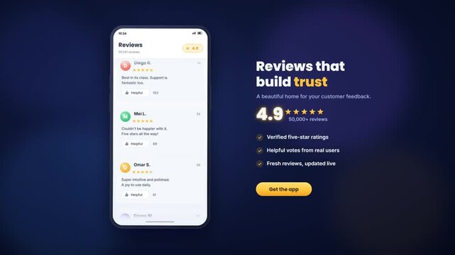 Animated mobile app showing five star customer reviews and ratings for trust and feedback