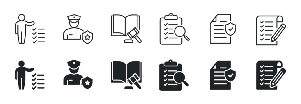 Regulation line and glyph solid icons collection. Minimal icon and symbol series vector illustration