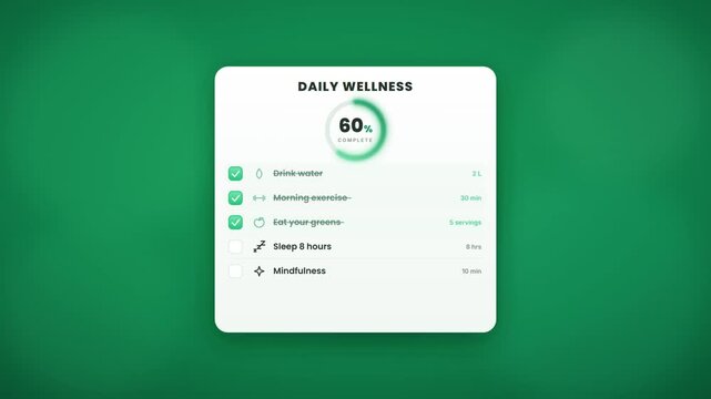 Animated daily wellness checklist with progress ring filling up as healthy habits are completed