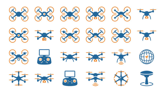 Drone and quadcopter flat vector icon set, minimalist flat vector silhouettes detailing various multi-rotor drone models, remote controllers, and navigation targets in blue and orange colors.