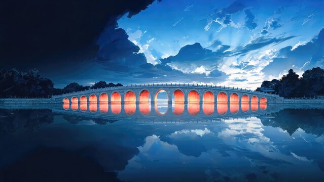 Growth mindset concept: A glowing red stone bridge reflects over still water, symbolizing steady career progress and clear pathways toward professional development.