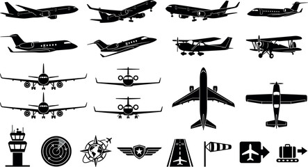Black Aviation Silhouette Icon Set Featuring Commercial Aircraft Private Jets Runway Symbols and Airport Navigation Elements © MstAduri
