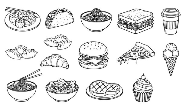 Black and white assorted food doodle vector collection with international meals isolated on white