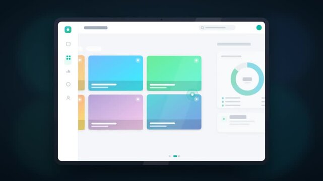 Animated tablet dashboard app with colorful cards and analytics charts on a modern interface