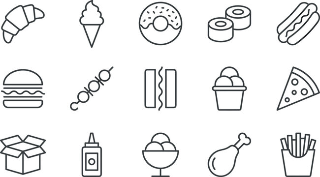 Minimalist Fast Food and Dessert Line Icon Set Featuring Pizza Burgers Ice Cream and Snacks Vectors