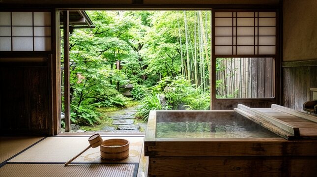 Hinoki Bath with Summer Green Bamboo Garden View in Japanese Ryokan