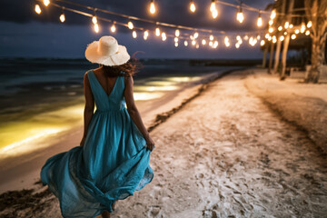 Naklejka premium Woman in turquoise dress walking along the beach at night under string lights for travel lifestyle, tropical resort advertising and luxury vacation marketing