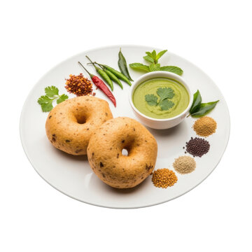 Indian food, vada, chutney, spices, chili peppers, mint leaves, coriander leaves, curry leaves, mustard seeds, cumin seeds, red chili flakes, on transparent background