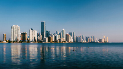 Obraz premium Blue sky spanning over a coastal city skyline reflected in calm water for real estate development, urban investment promotion and architectural advertising background