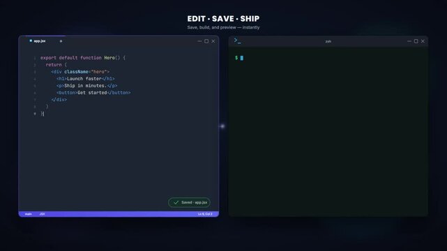 Animated developer workflow editing code in editor and running build in terminal with preview