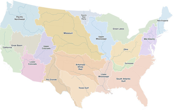 Contiguous United States major river basins vector map (Albers equal area conic projection, PPT-compatible & fully editable)