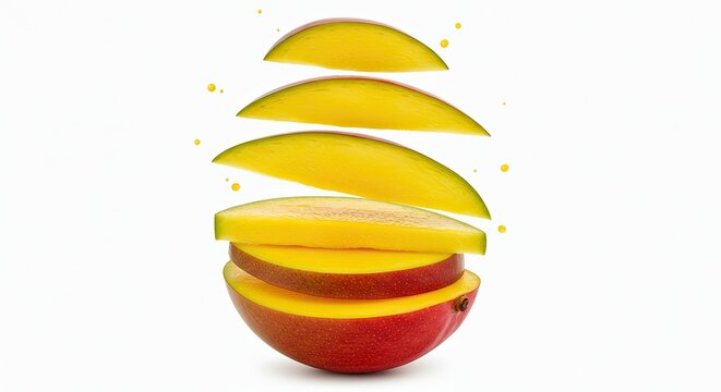Fresh mango slices flying apart.