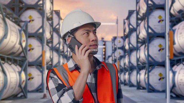 Close Up Of Asian Male Engineer With Safety Helmet Talking On Smartphone While Standing at Industrial Chemical Tank Container Storage Facility