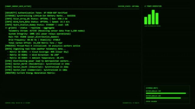 Smart Energy Grid Dashboard With Solar Wind Battery Power Distribution and Load Matrix Animation.