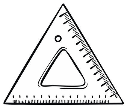 Hand drawn illustration of a clear plastic drafting triangle with measuring markings and a central cutout
